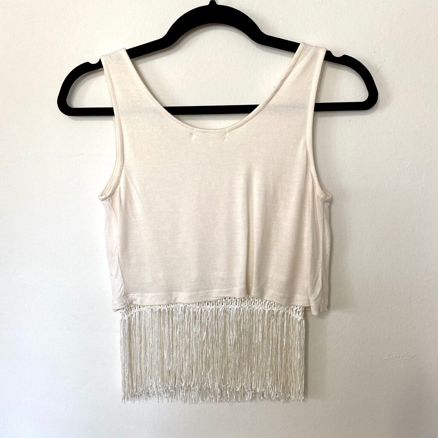 Heart & Hips Sleeveless Soft Cream Scoop Neck Braided Fringe Crop Top Tank S