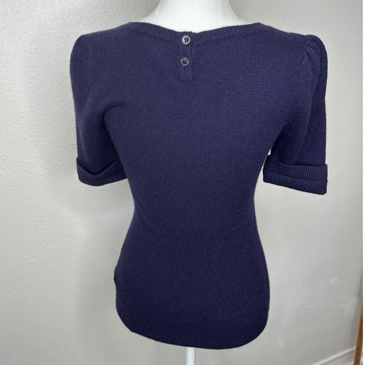 Burberry Dark Purple Round Neck Short Cuffed Sleeves Button Neck Sweater S