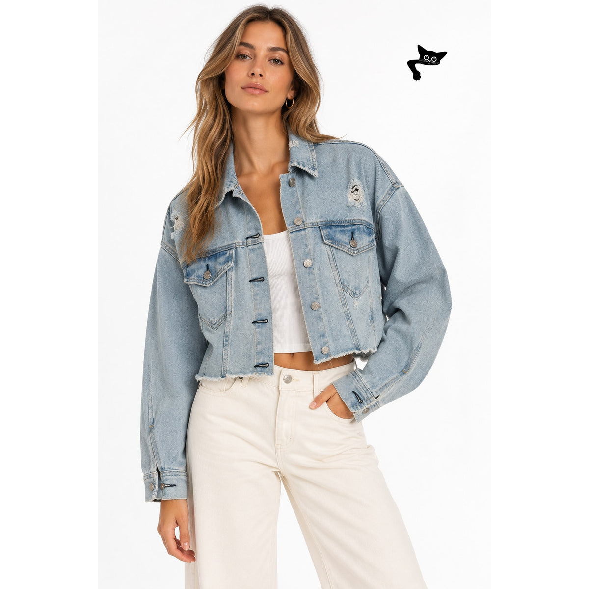PacSun Distressed Cropped Denim Jacket Light Wash Raw Hem US M/L