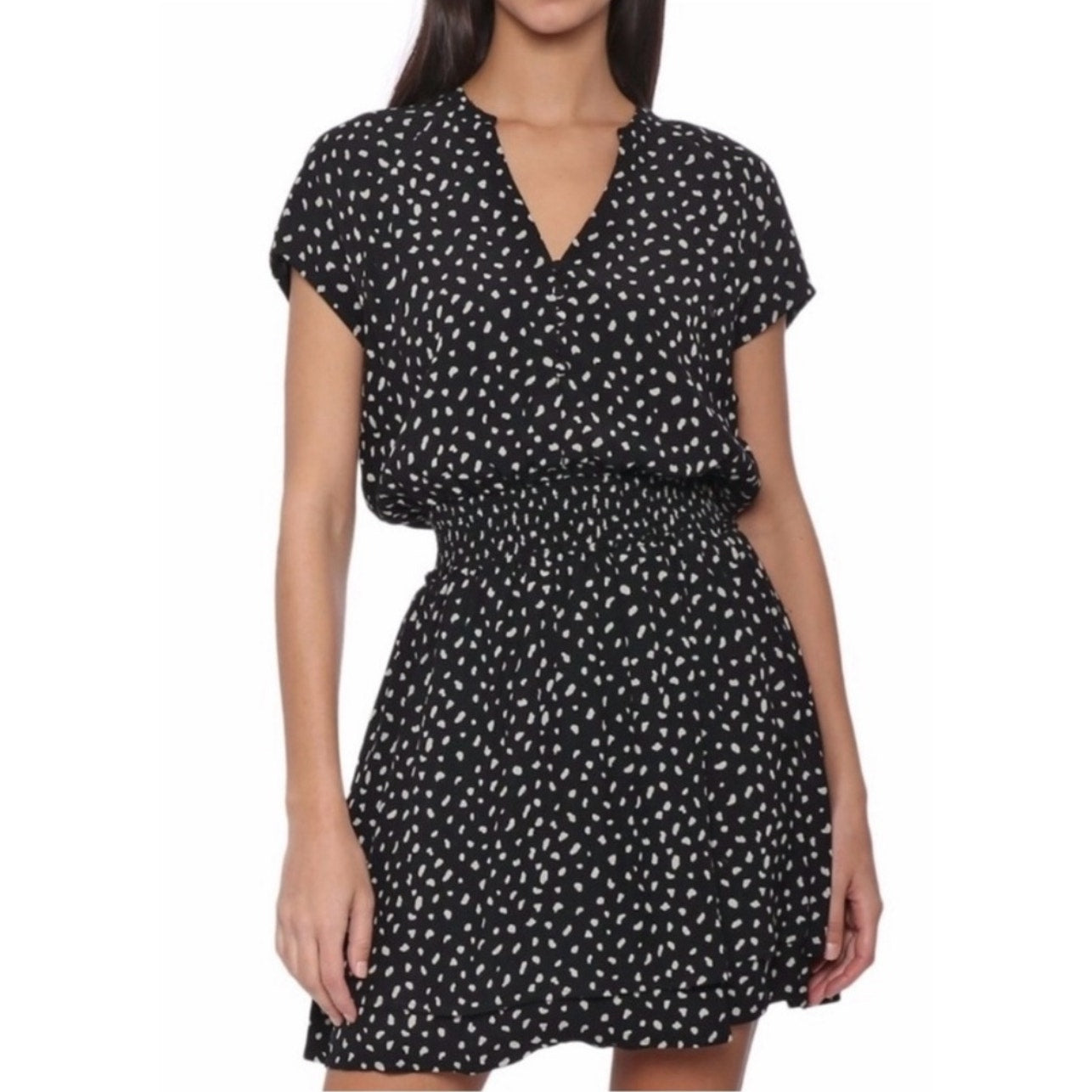 Rails Karla Black & Ivory Printed Smocked Waist Cap Sleeve Dress M