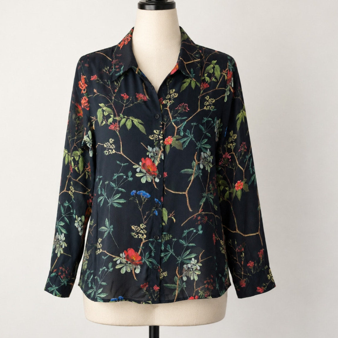 H&K Collection Botanical Floral Black Pink Blue Green Button Up Lightweight Top