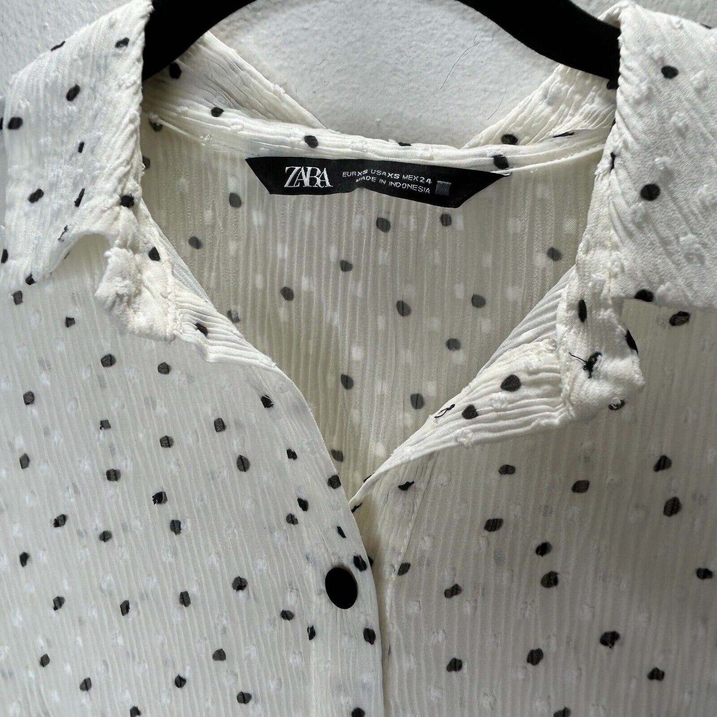 Zara Cream Black Dotted Swiss Long Sleeve 1/2 Button Collared Ruffle Hem Dress