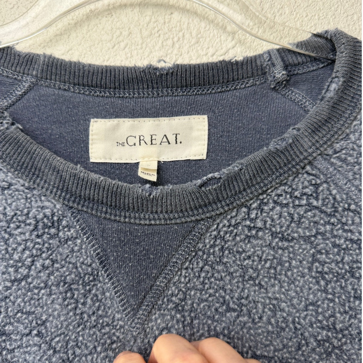The Great. Blue Fleece Sweatshirt Distressed Raw Hem Raglan Sleeve - Size 0