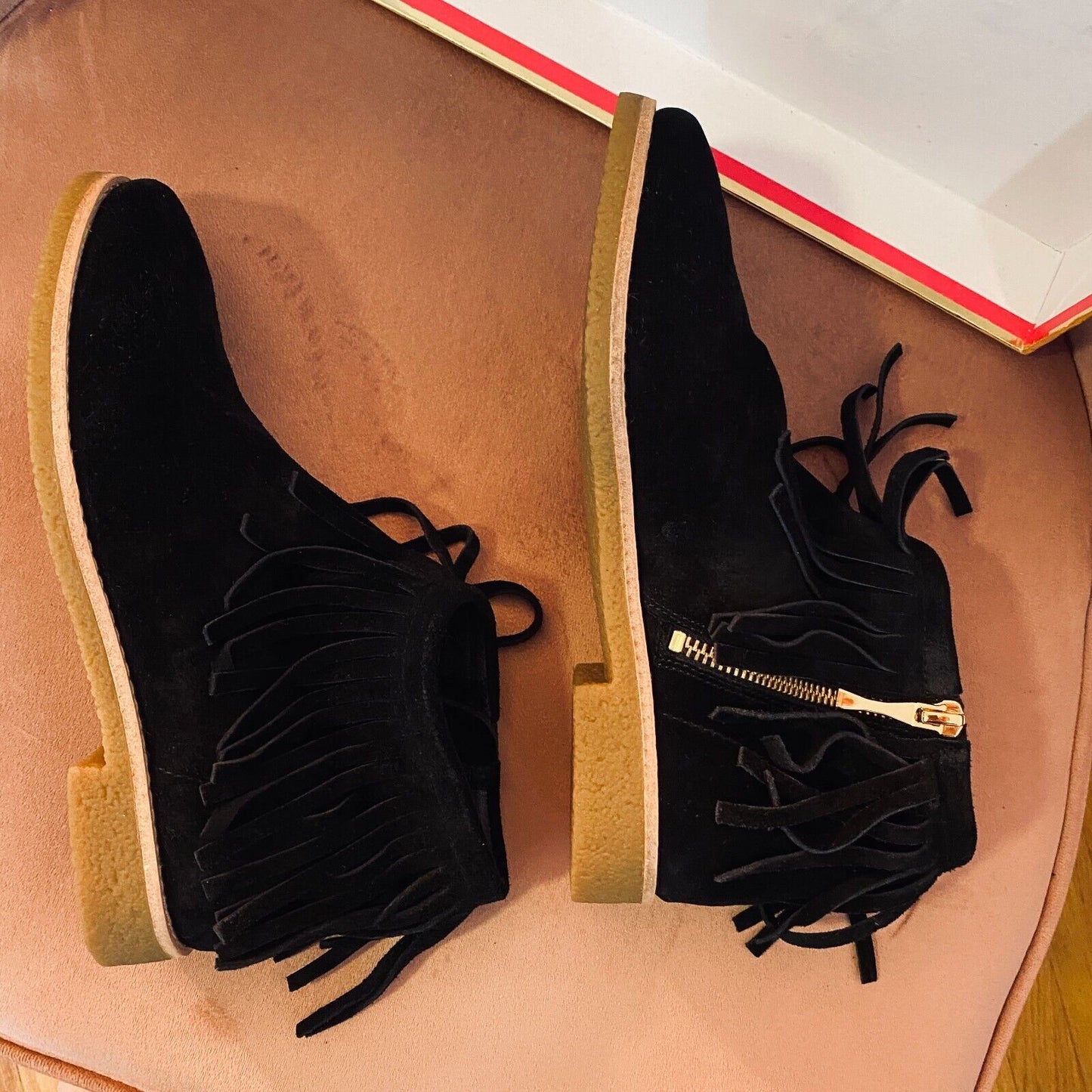 NIB Kate Spade Cute Betsie Black Fringe Suede Bootie Ankle Boot Gold Zipper 6