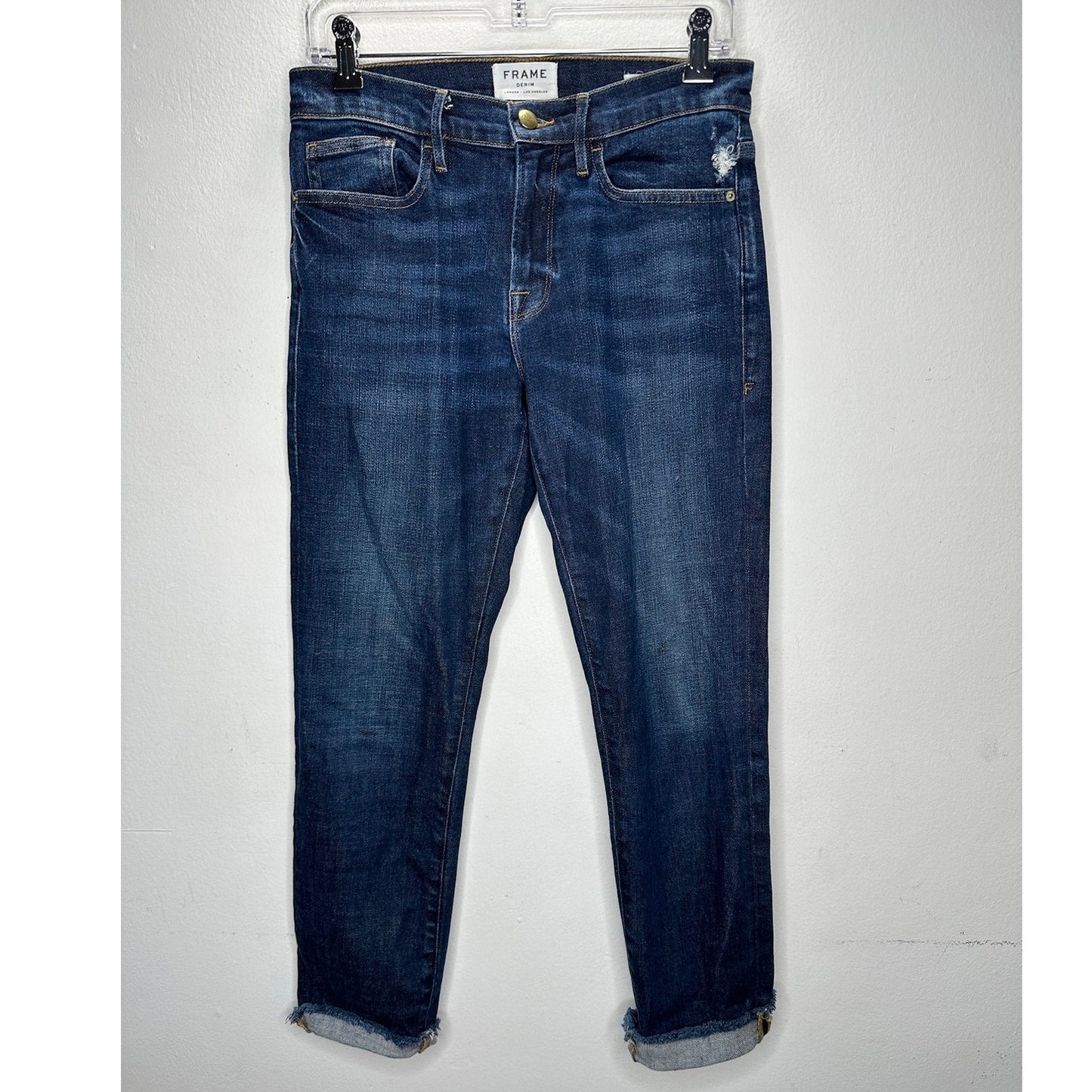 Frame Le Boy Dark Wash Pondview Raw Hem Denim Jeans 27