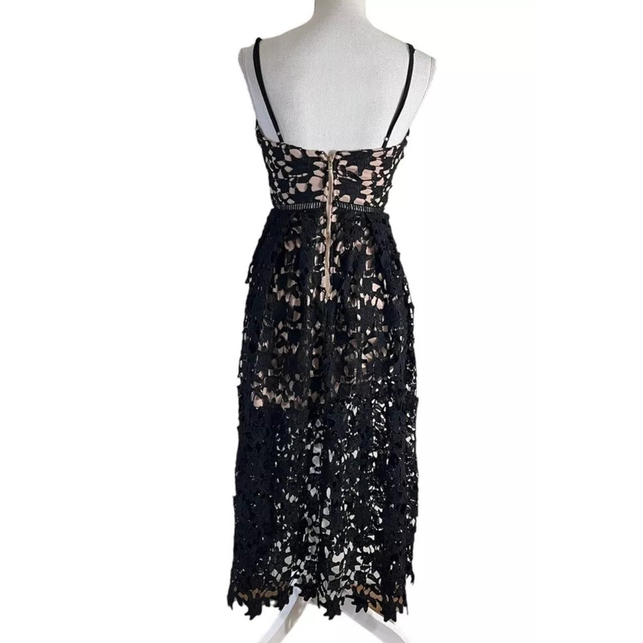 Aqua Black Lace Overlay Tan Lining Spaghetti Strap Cami Midi Dress SM