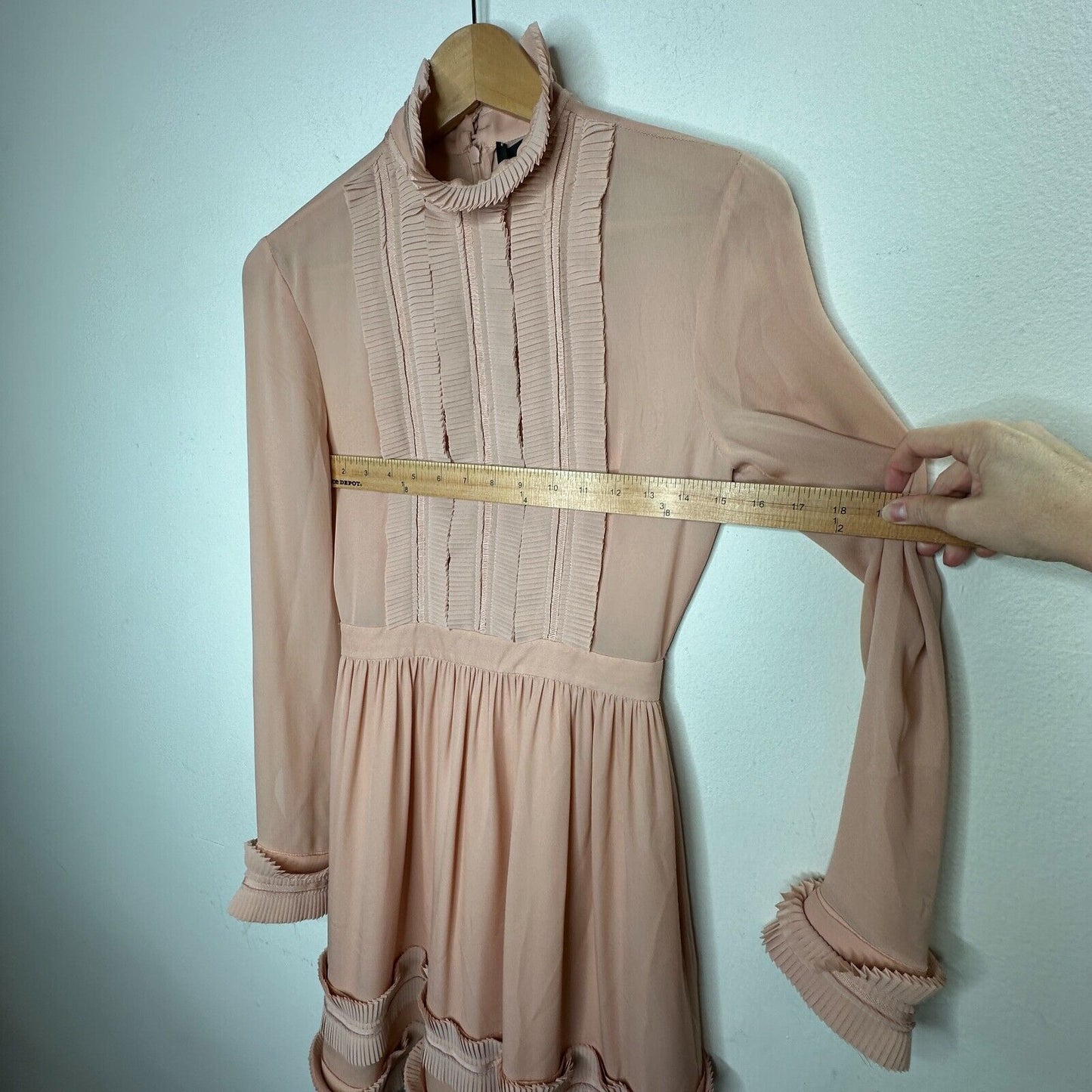Nicholas Peachy Pink Fine Pleat Silk Long Sleeve Mini Ruffles High Neck Dress 0