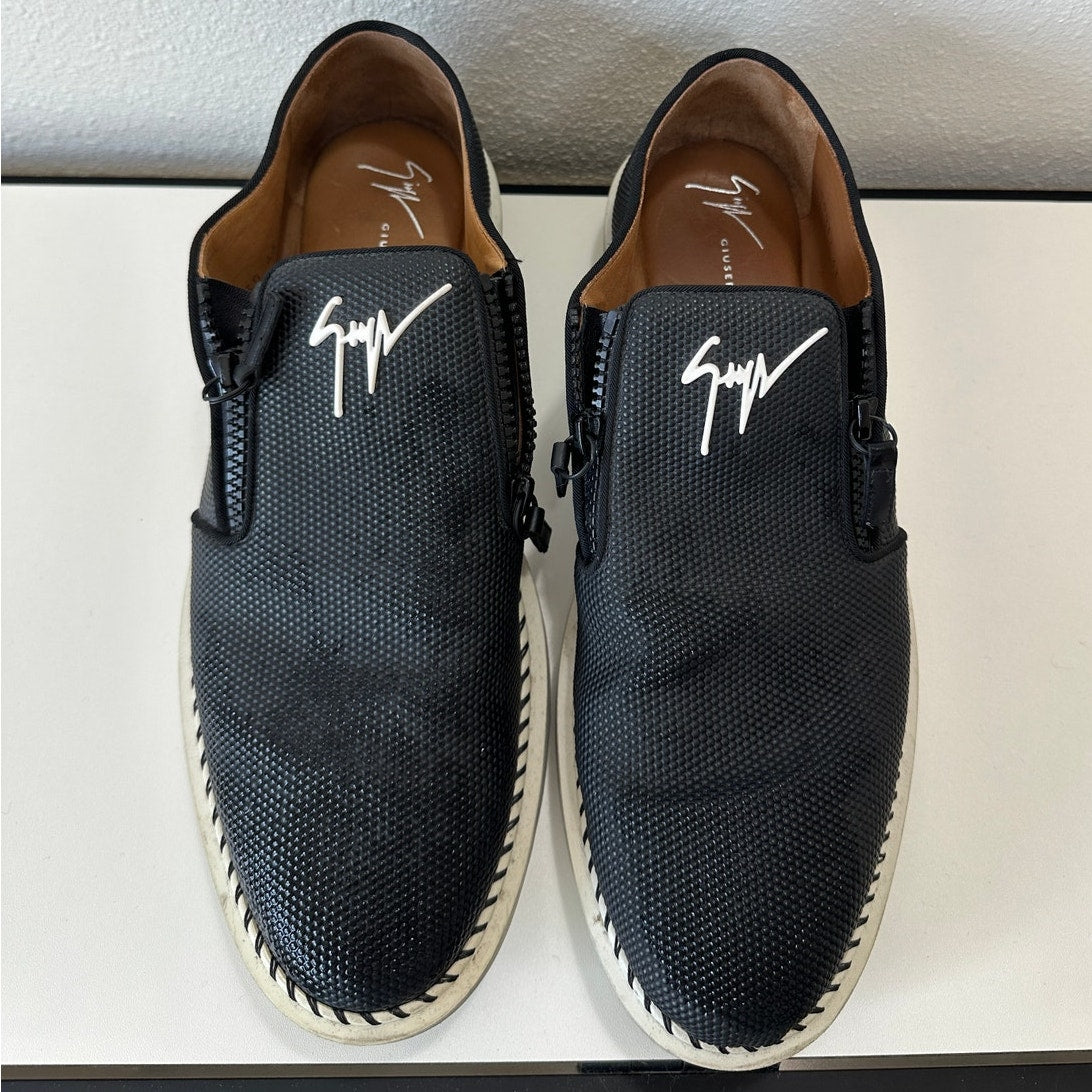 Giuseppe Zanotti Ron Costner Sneaker Black Leather Embossed Cream Side Zip 43 / 10
