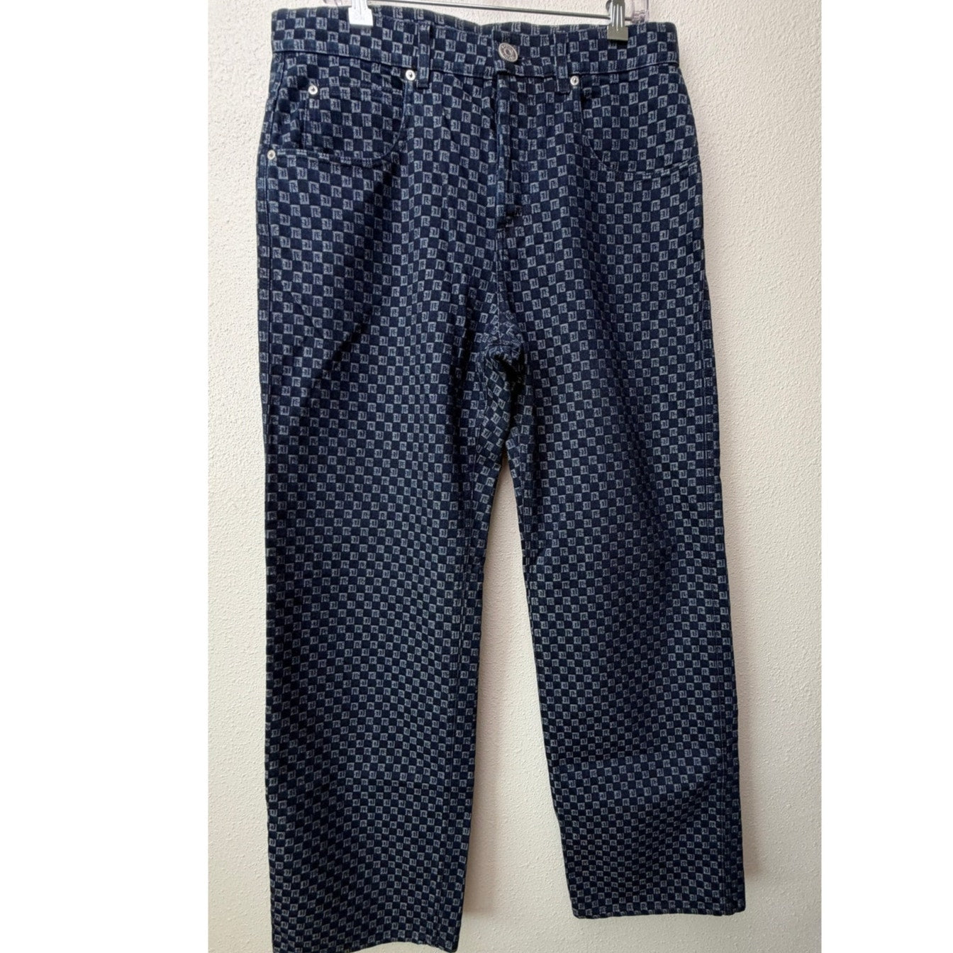 Balmain Men's 32 Blue Monogram Button Fly Wide Leg Jeans