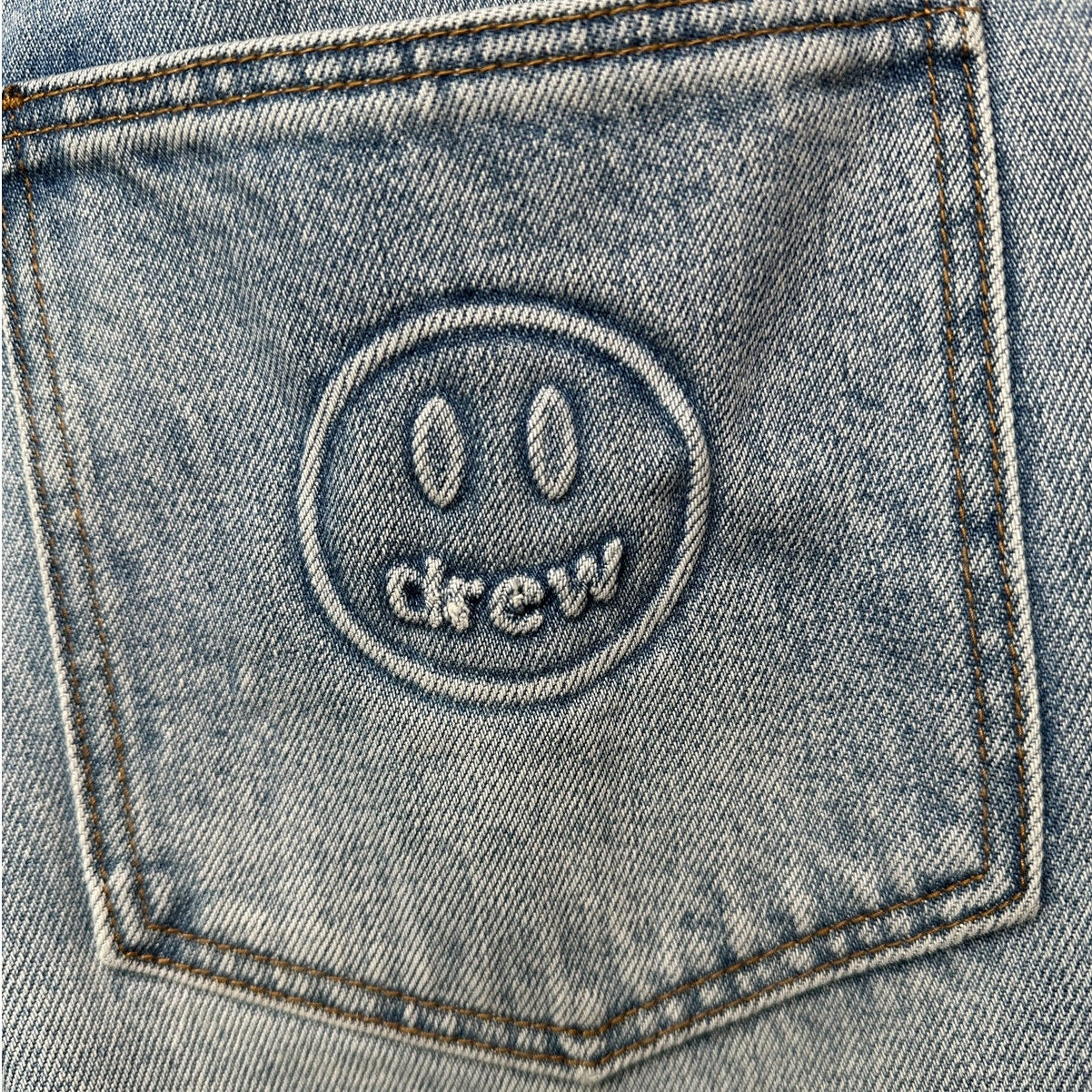 Drew House Cropped Distressed Jeans Raw Hem Corduroy Patch Blue Size 32