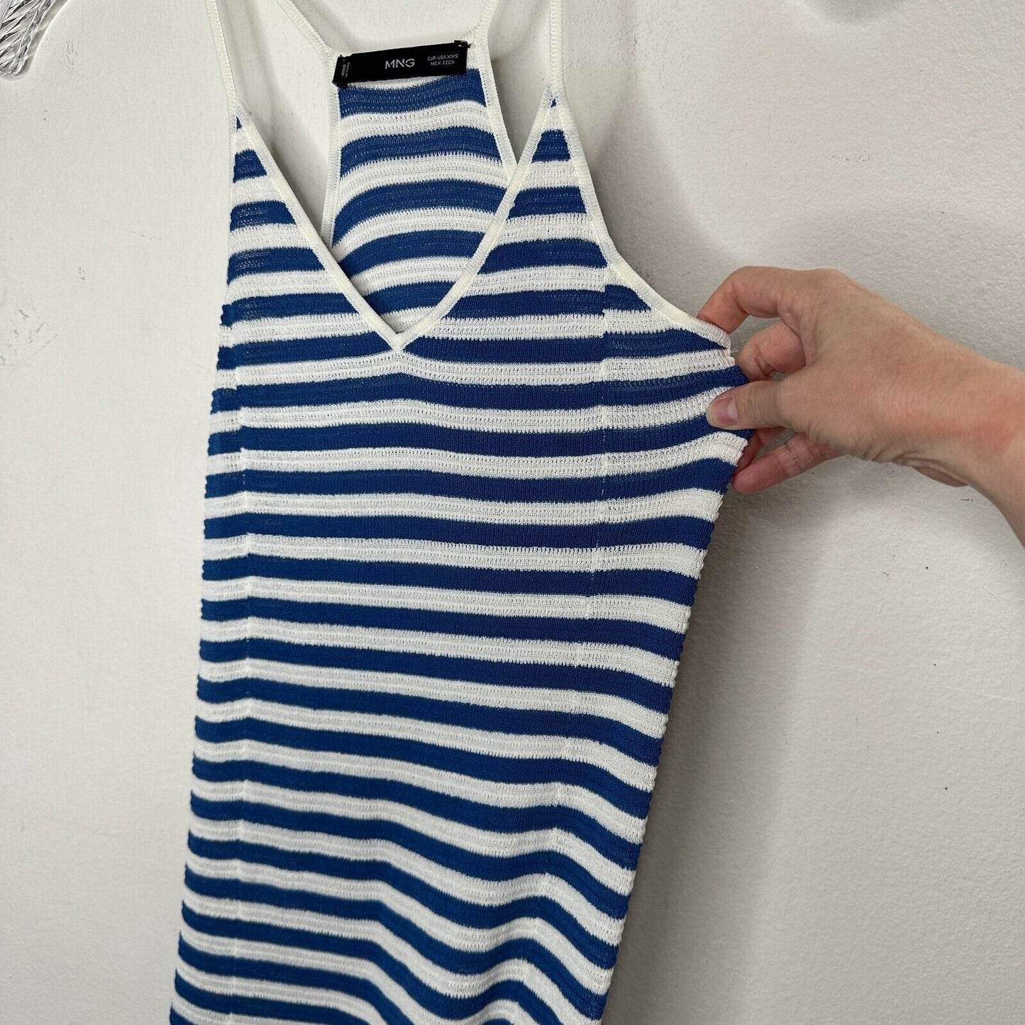 MNG White & Blue Striped Fine Knit V-Neck Thin Straps Maxi Stretch Dress XXS