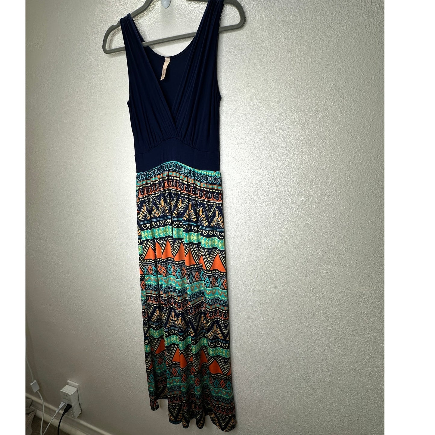 Gilli Navy Blue Teal Orange Multi Print Faux Wrap V-Neck Sleeveless Maxi Dress M
