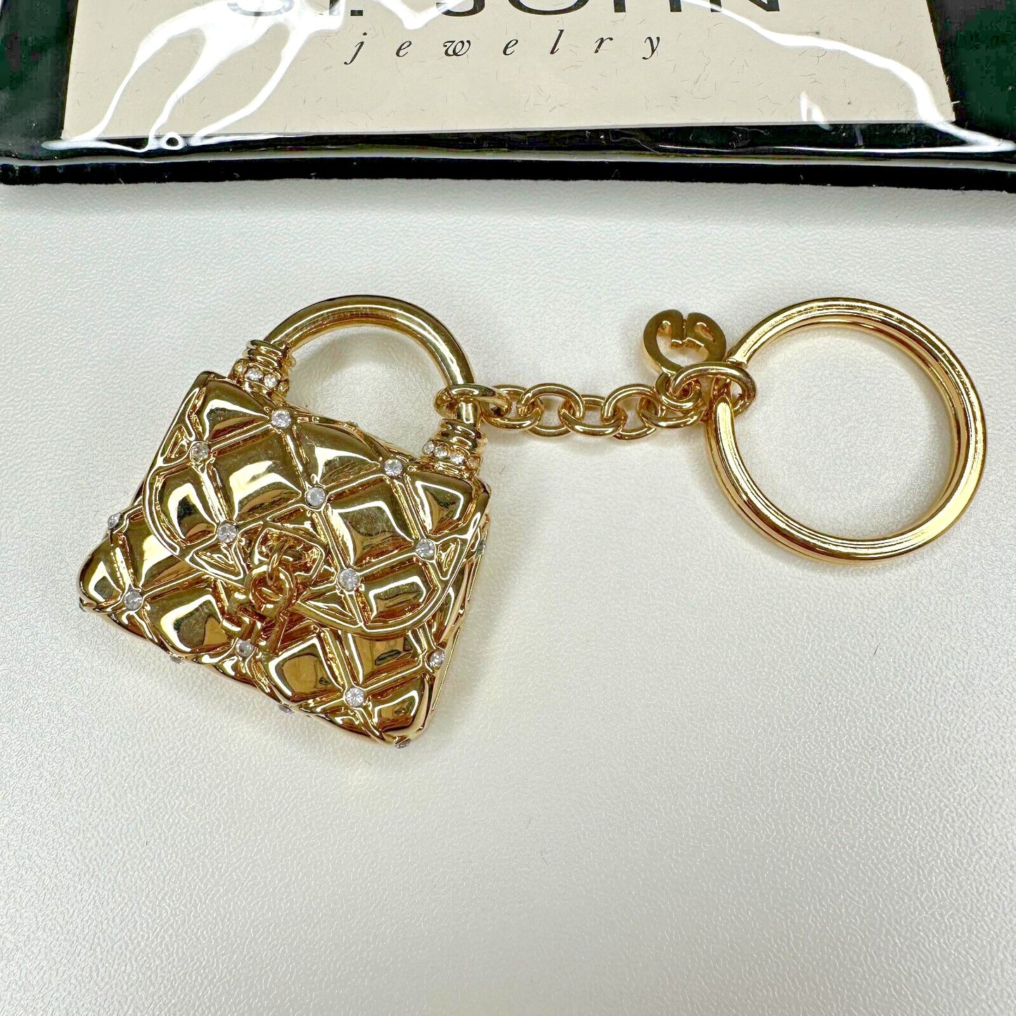 Vintage Chic St. John Gold Crystal Purse Keychain Fob Purse Opens With Pouch