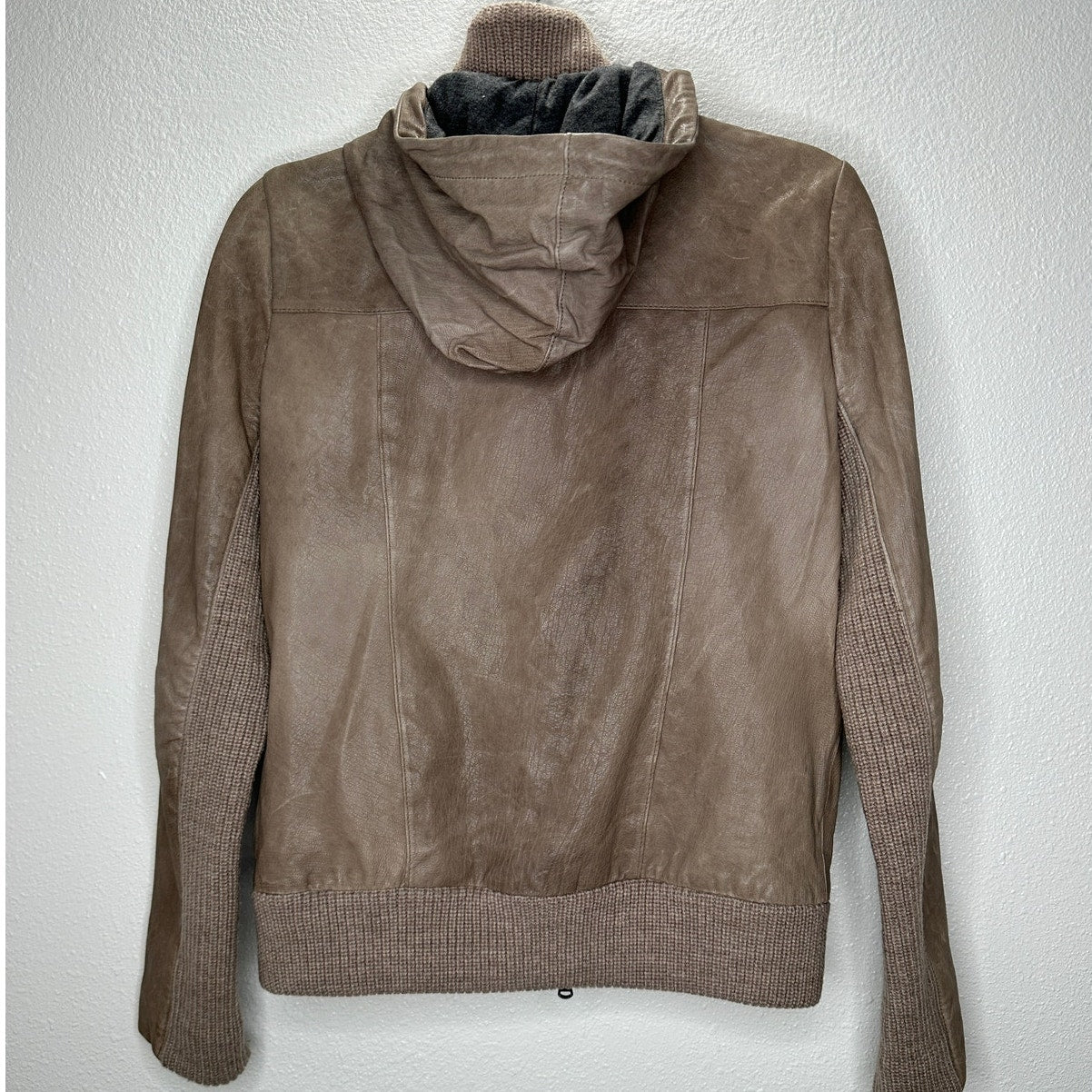 Haute Hoodie Fawn Taupe Lamb & Ribbed Knit Front Zip Hoodie Jacket S