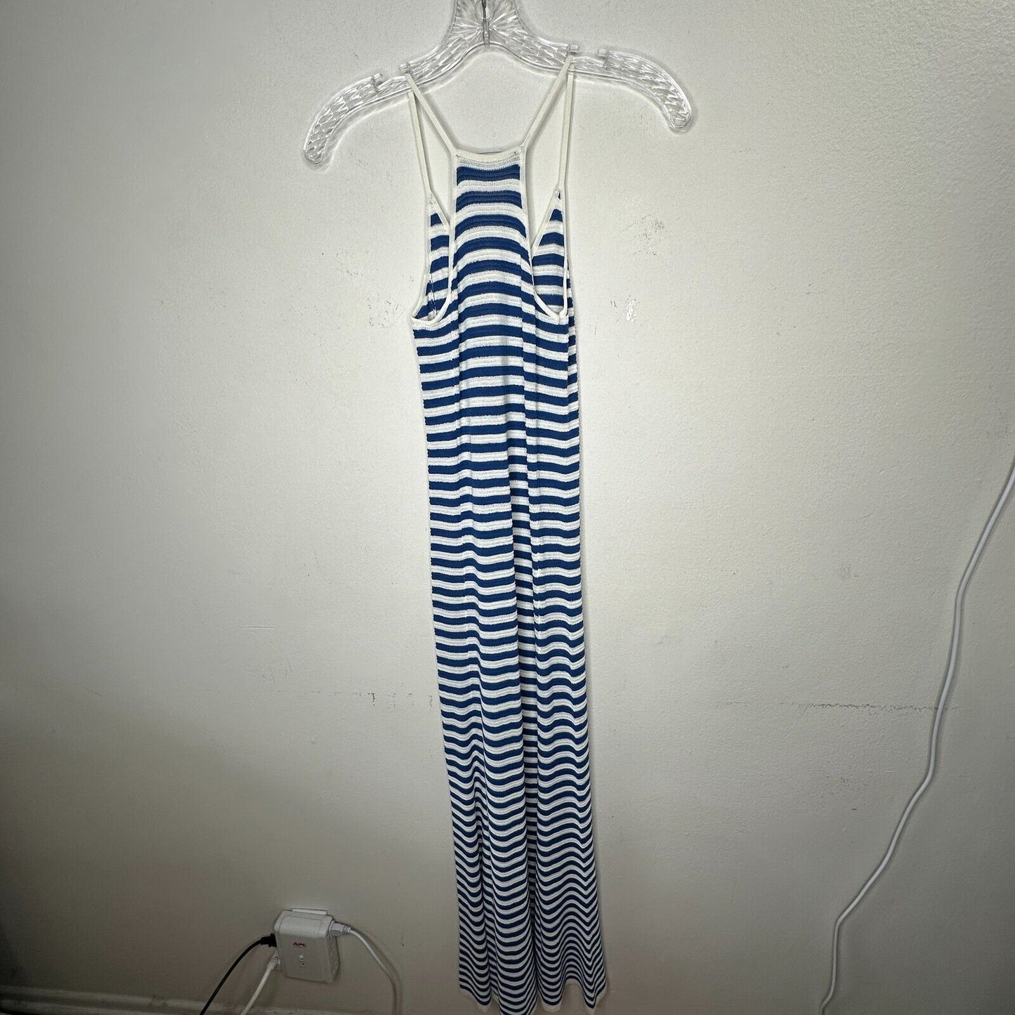 MNG White & Blue Striped Fine Knit V-Neck Thin Straps Maxi Stretch Dress XXS