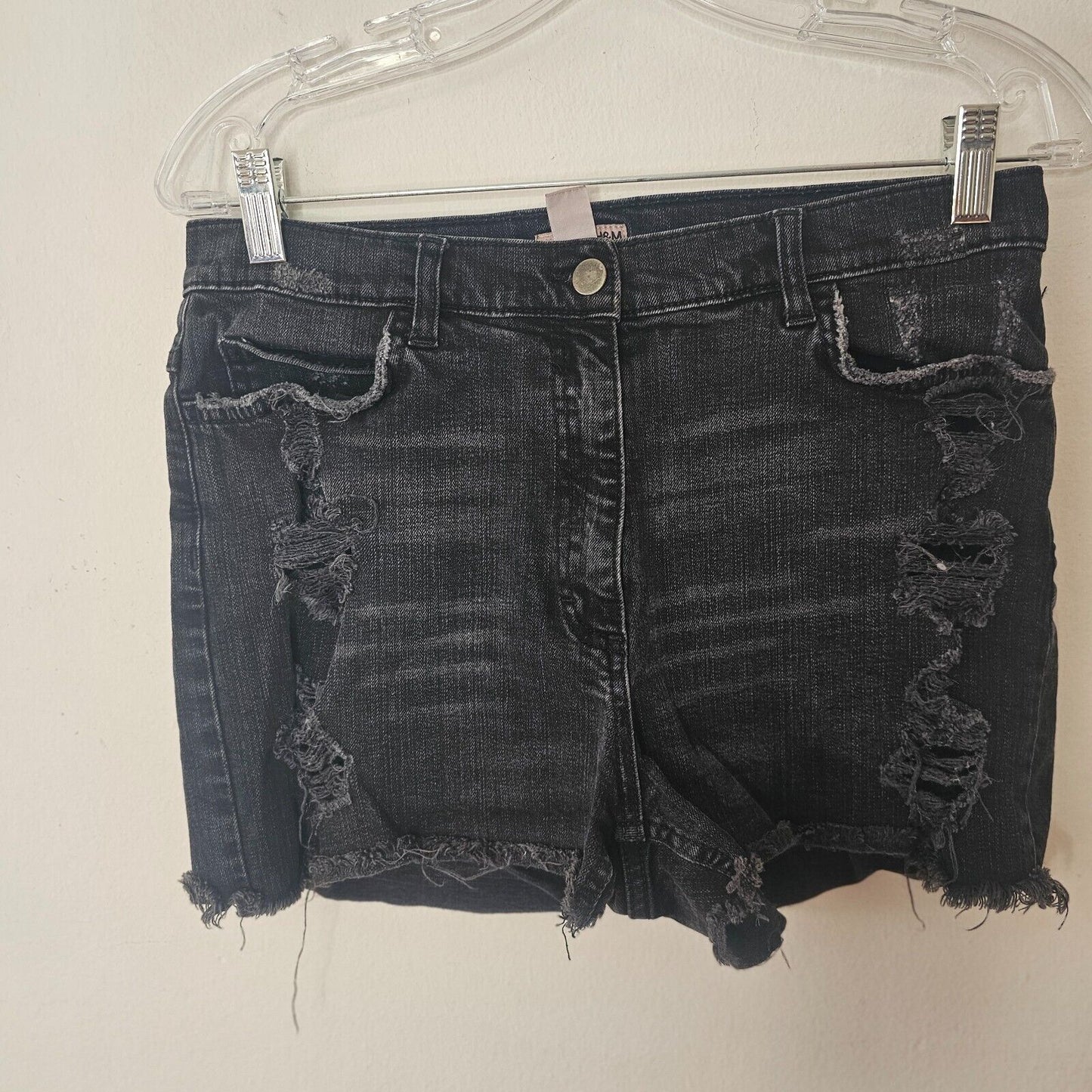 H&M Dark Gray Distressed Cut Off Raw Hem High Waist Denim Jeans Shorts 10