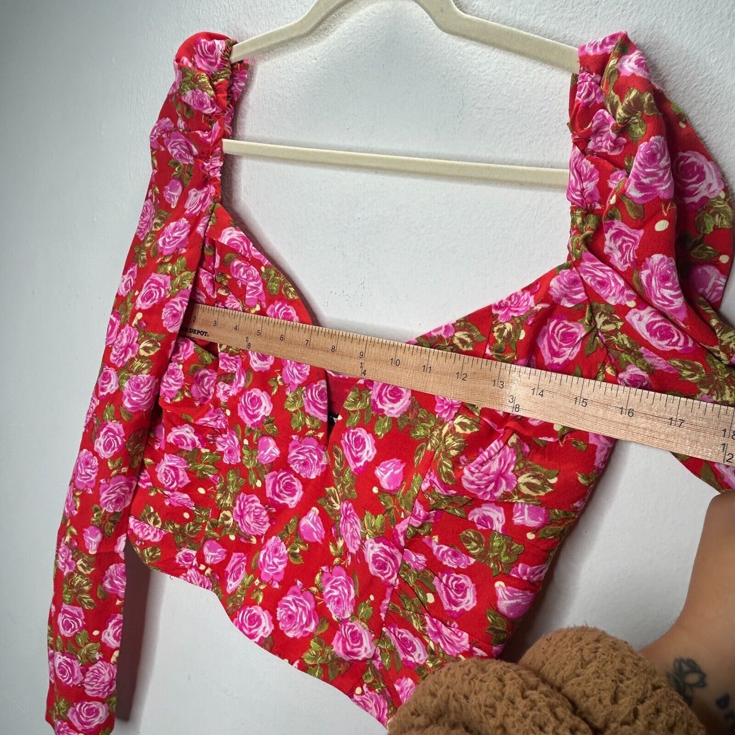 Zara Red & Pink Floral Print Long Puff Sleeve Side Zip Ruche Waist Crop Top L