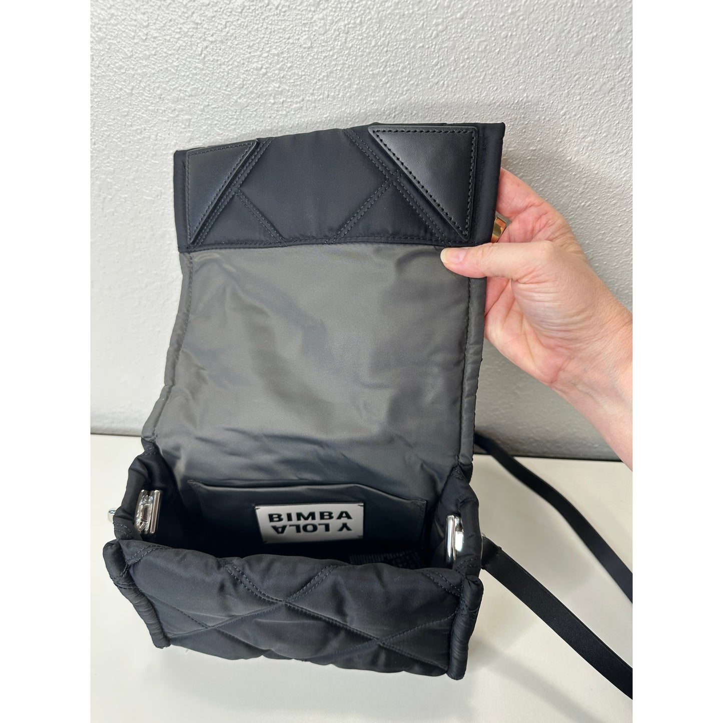BYL Small Black Padded Nylon Crossbody Bag Leather & Chain Strap