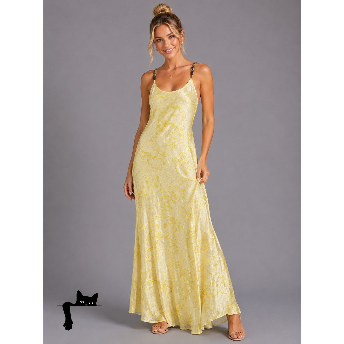 YA-YA 100% Silk Yellow Snake Print Round Neck Amber Beaded Straps Slip Maxi S