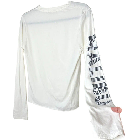 Brandy Melville White with Blue Malibu Graphic Crew Neck Long Sleeve Tee Small