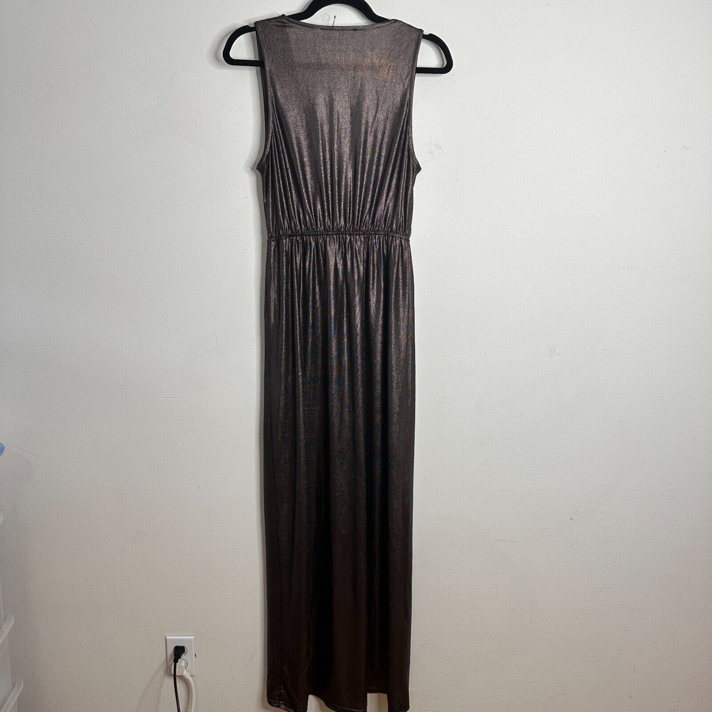 About Us Meredith Plunge Maxi Deep VNeck Sleeveless Shiny Bronze Metallic Small