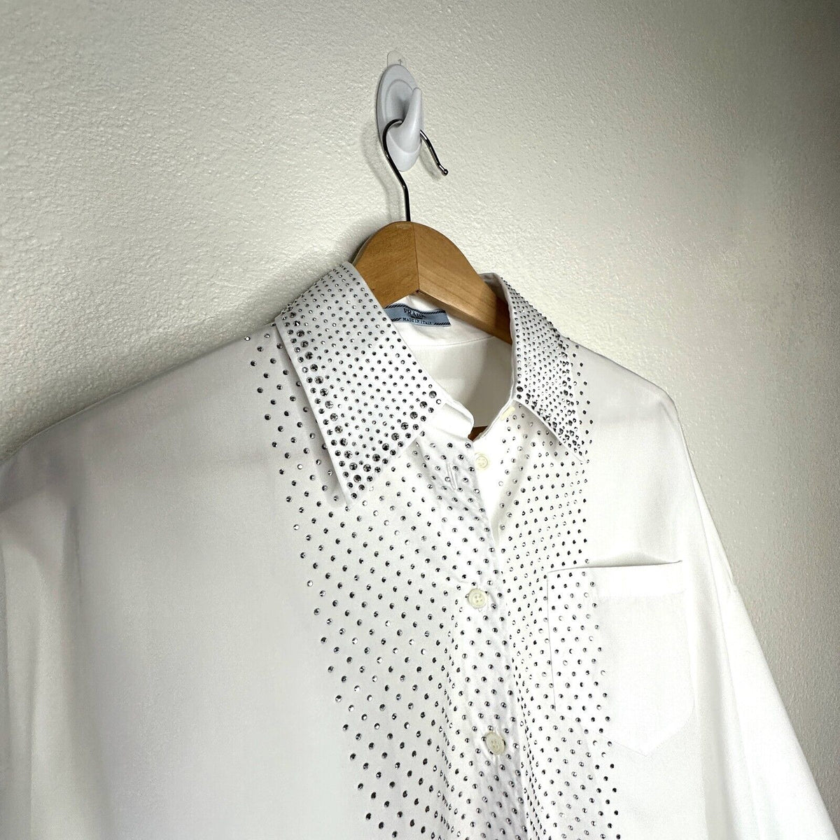 Prada White Long Sleeve Front Button Rhinestone Encrusted Collar & Front Shirt