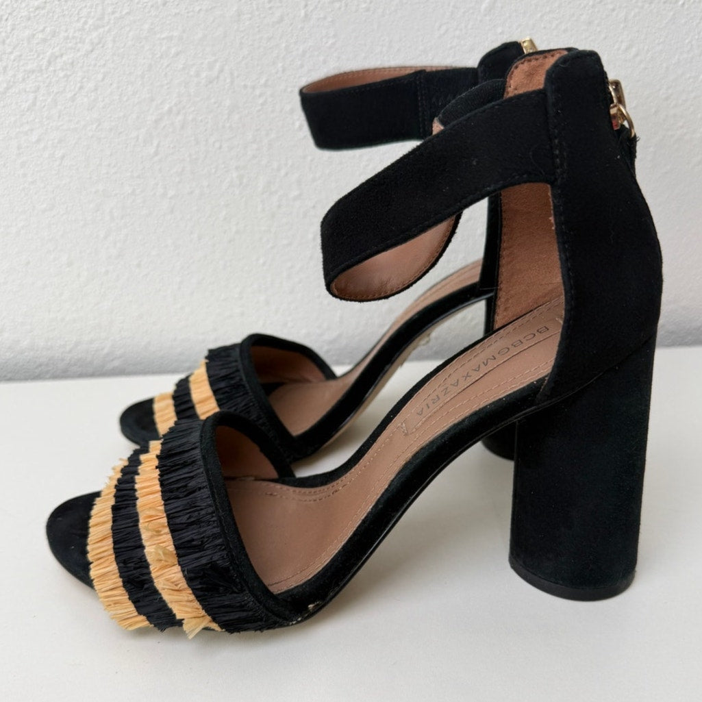 BCBGMaxAzria Alonza Raffia Heels Black Tan Womens US 7.5