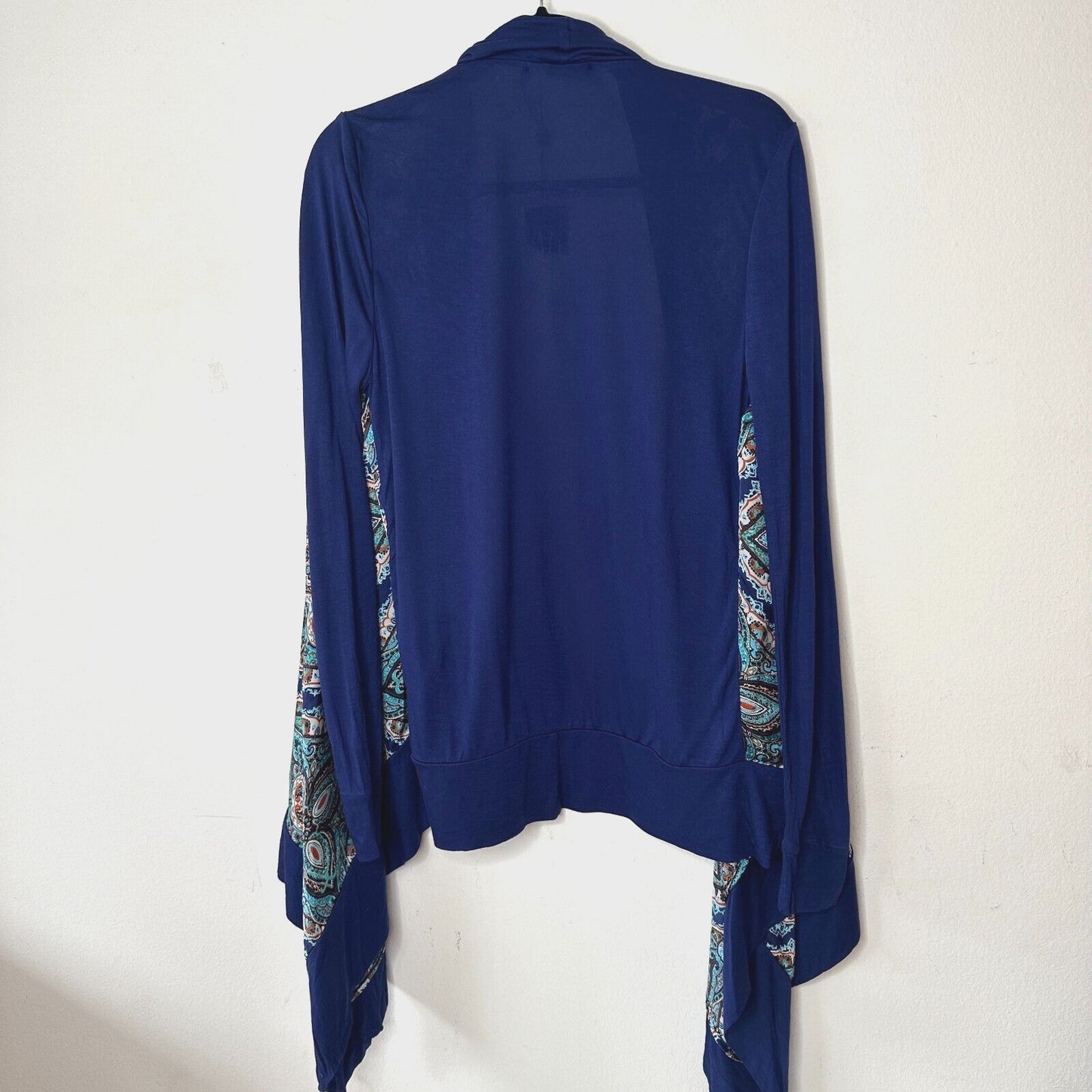 Vertigo Satin High Low Paisley Royal Blue Orange Long Sleeve Drape Cardigan S