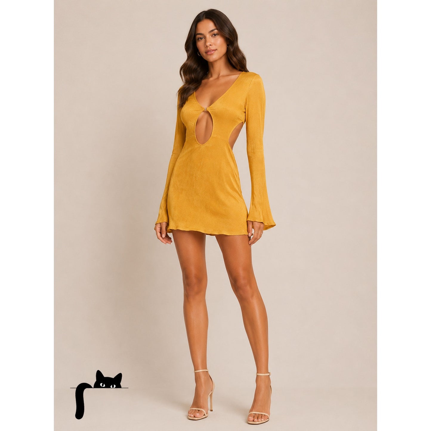 Savannah Morrow Mustard Long Sleeve Keyhole Side Cut Outs Bamboo Mini Dress SM