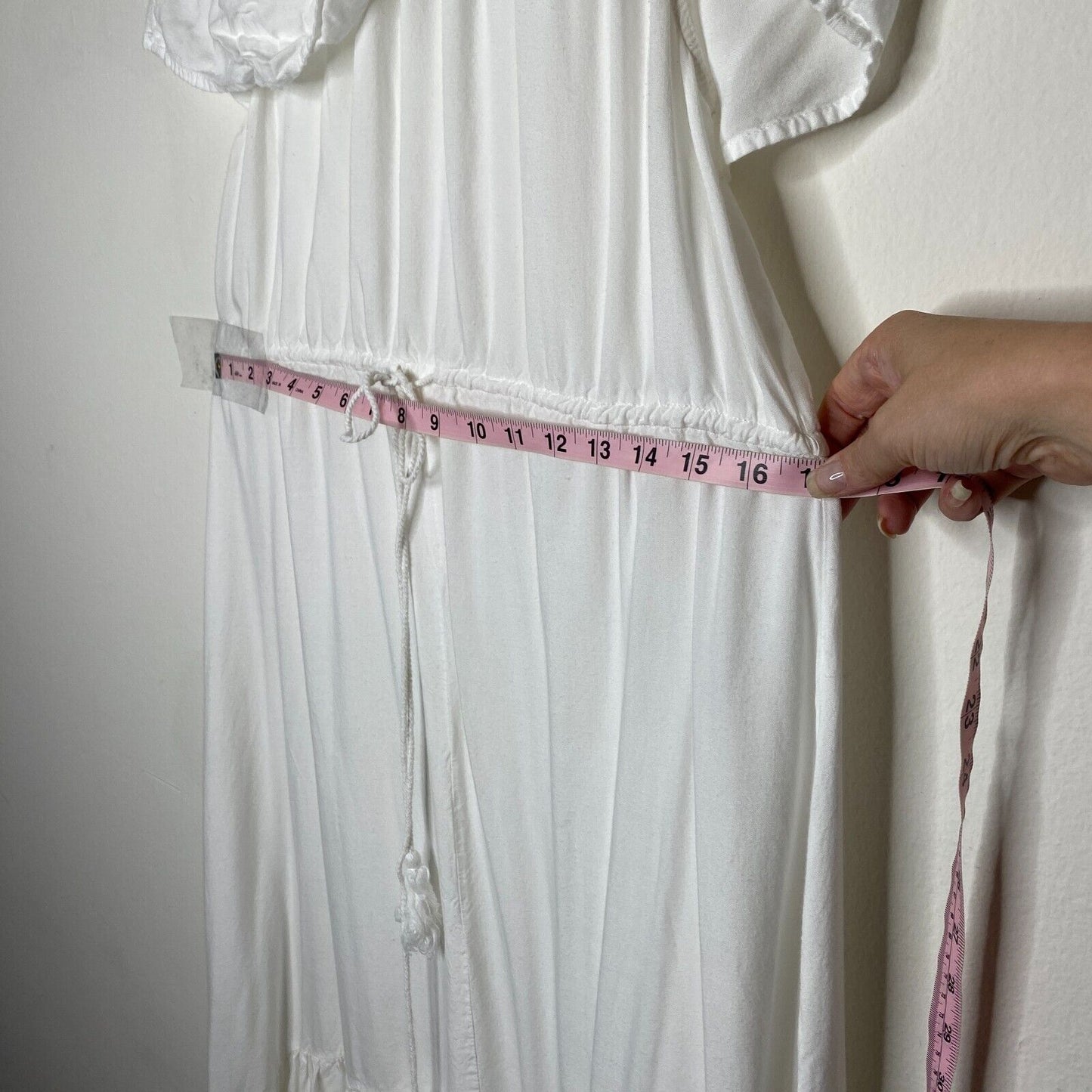 Aqua White Off-Shoulder Flowy Boho Dress Tiered Ruffle Empire Tie Waist Maxi Med