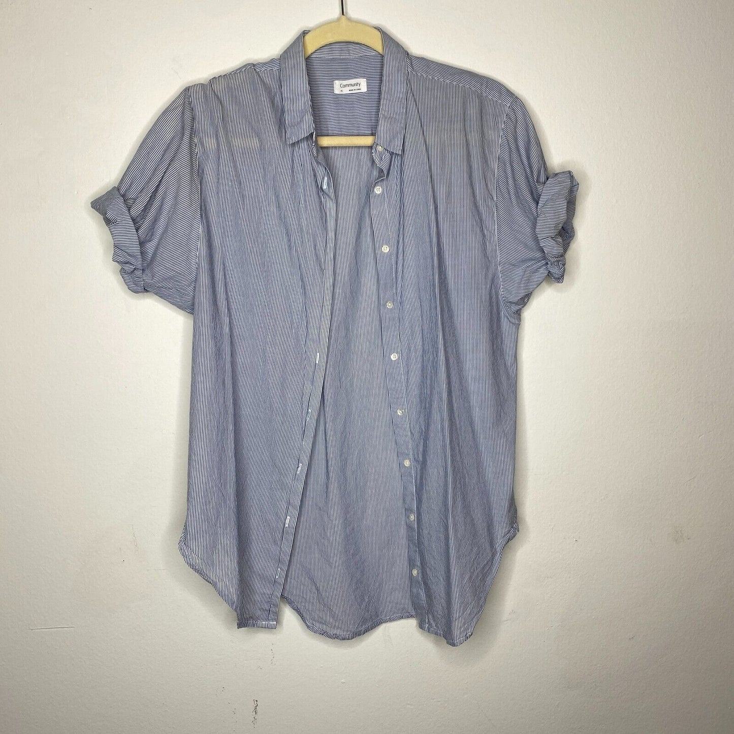 Aritzia Community Blue and White Pin Stripe The Jane Short Sleeve Button Shirt