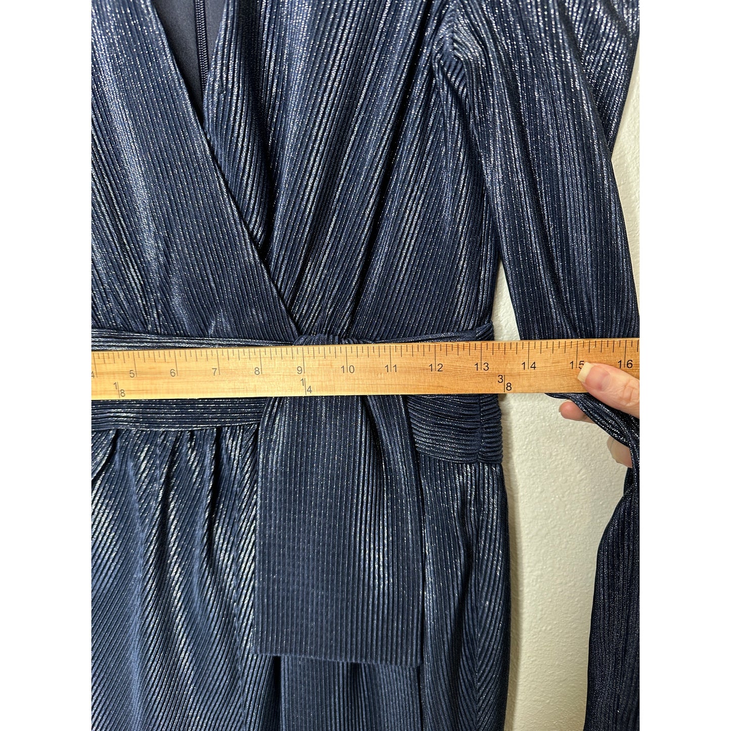 NWT Jonathan Simkhai Navy Metallic Striped Puff Shoulder Tie Waist Dress 2