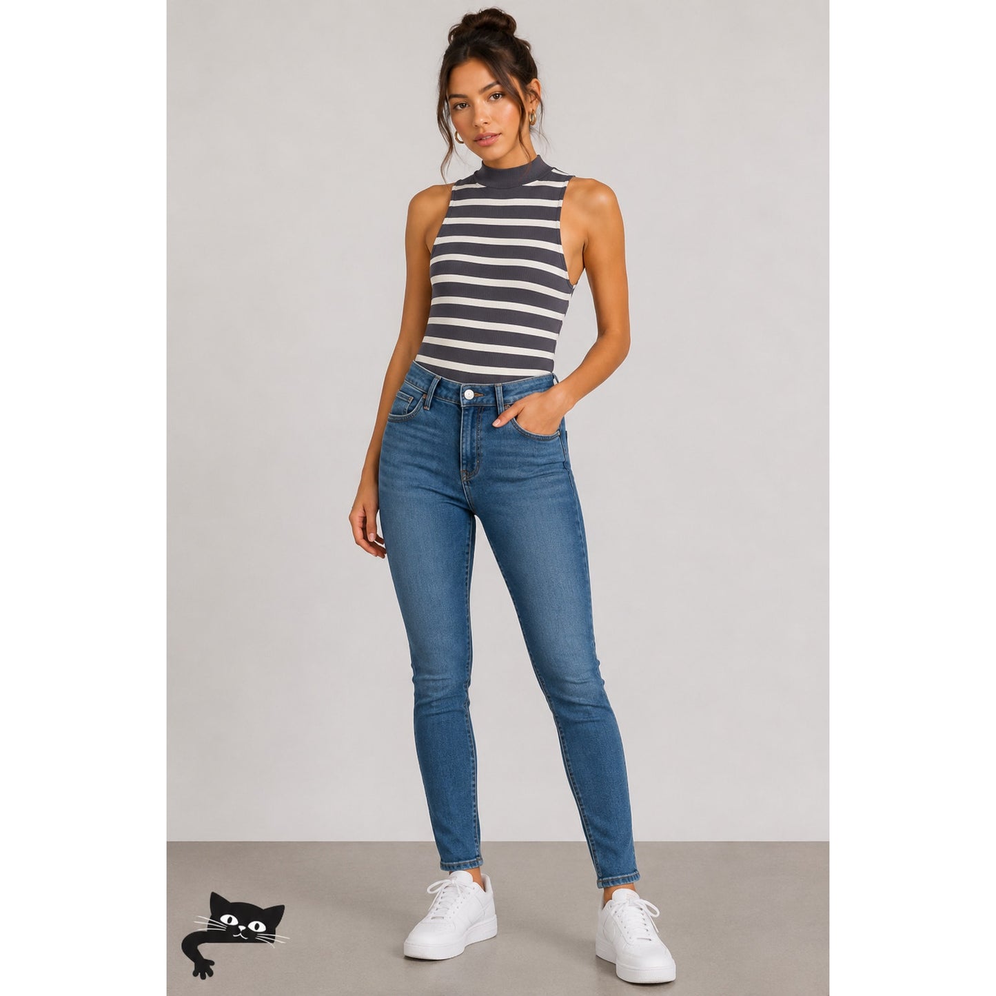 Abound Gray & White Stripe Sleeveless Mock Neck Bodysuit L