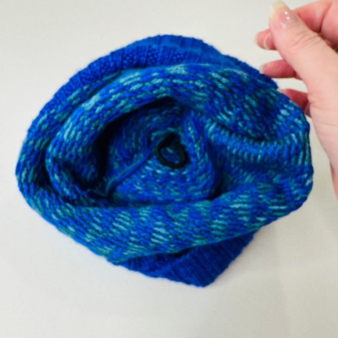 Blue Green Triangle Print Knit Beanie Tan Pom Pom OS