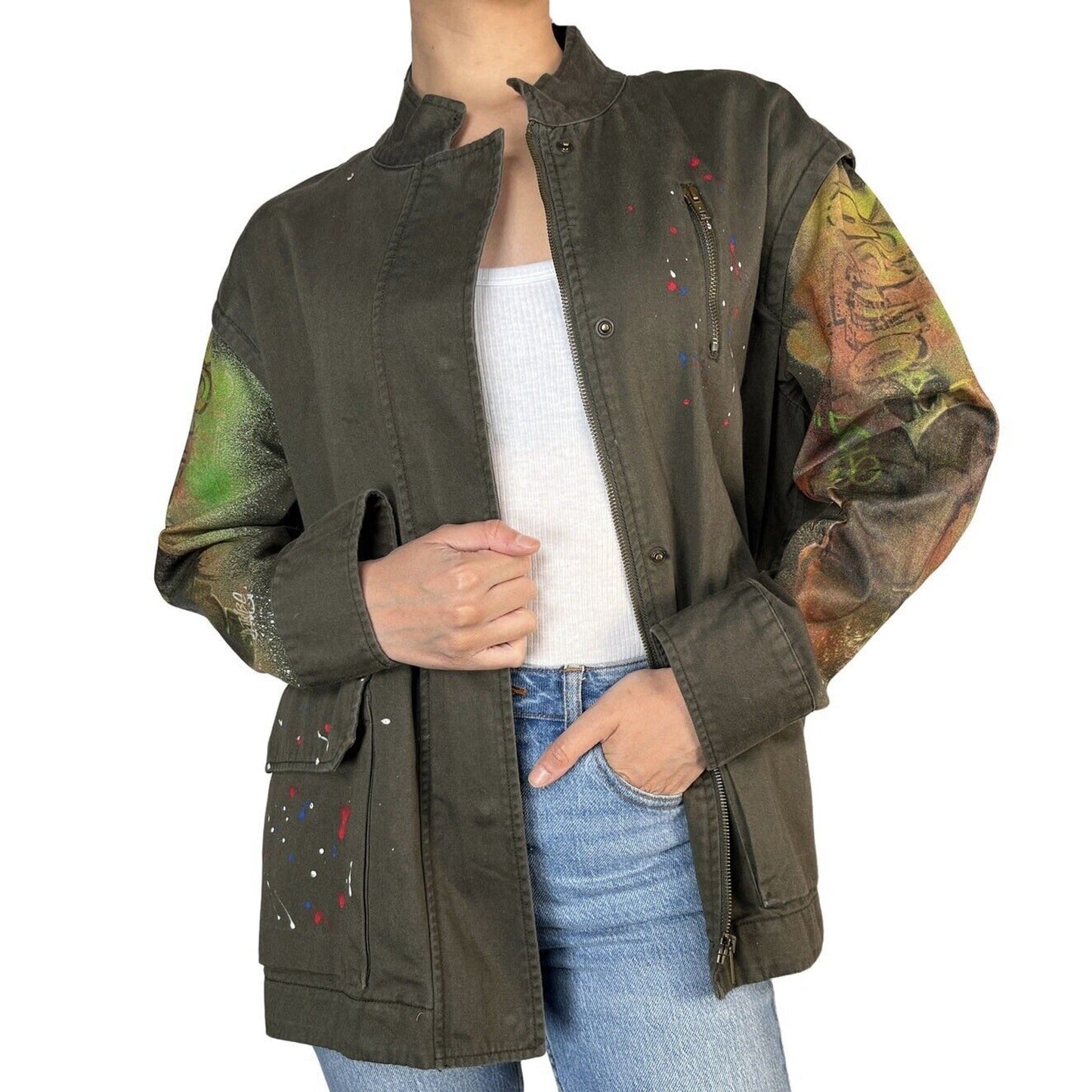 Zara Army Green Grafitti New York Jungle Oversize Zip Utility Jacket 100% Cotton
