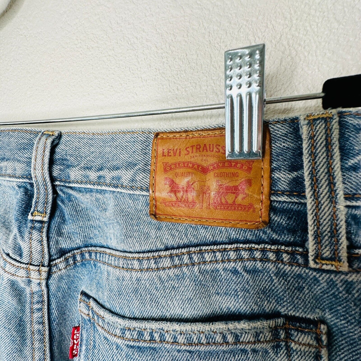 Levis White Oak Cone Denim Light Medium Wash Button Fly Distressed Slim Leg Jean