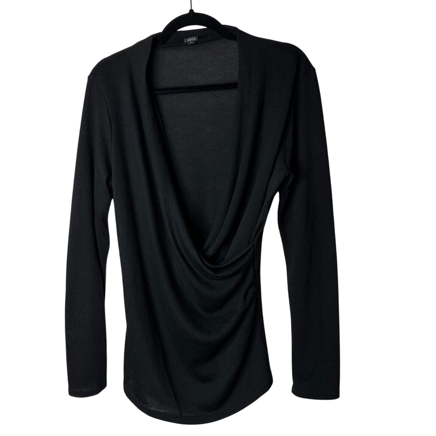 Aziz Jet Black Slinky Faux Wrap Deep VNeck Long Sleeve Sweater Jumper Top L