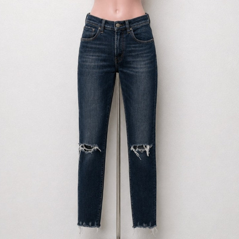 R13 High Rise Aiden Black Stone Wash Skinny Jeans Distressed Knees & Hem Size 26