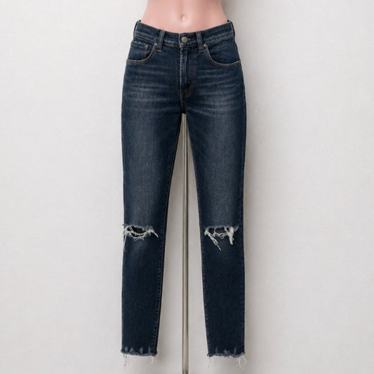 R13 High Rise Aiden Black Stone Wash Skinny Jeans Distressed Knees & Hem Size 26