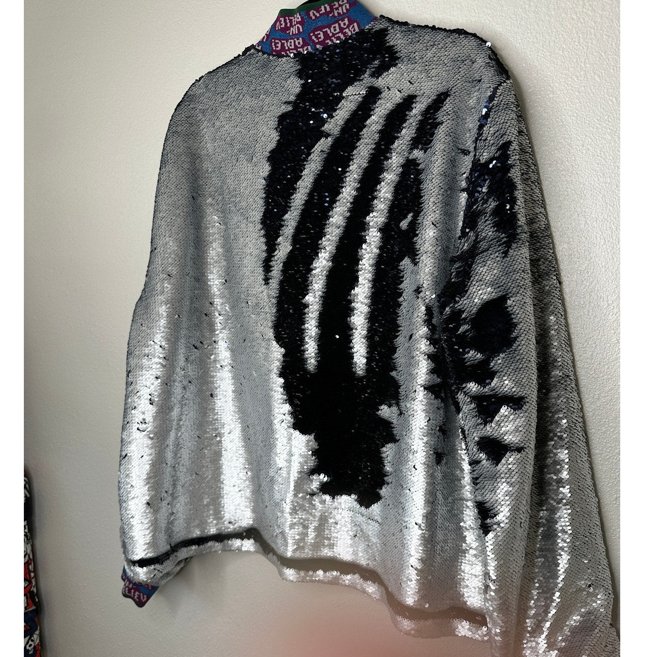 Libertine Silver Black Reversible Sequin Front Zip Long Sleeve Bomber Jacket XL