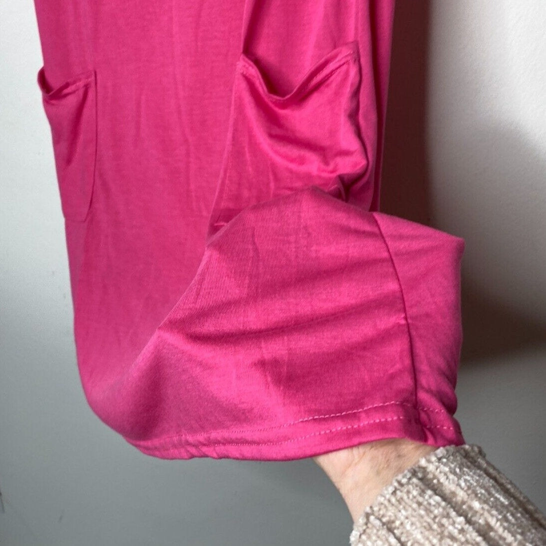 Sleeveless Hot Pink Stretch Knit Tank Mini Dress Scoop Neck Front Patch Pocket M