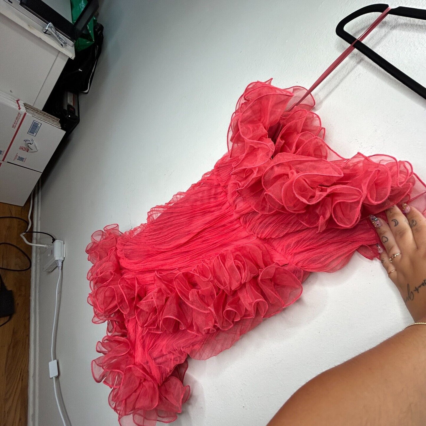 ASOS Design Red Bodycon Ruffle Mesh Bandeau Neck Strapless Mini Dress 4