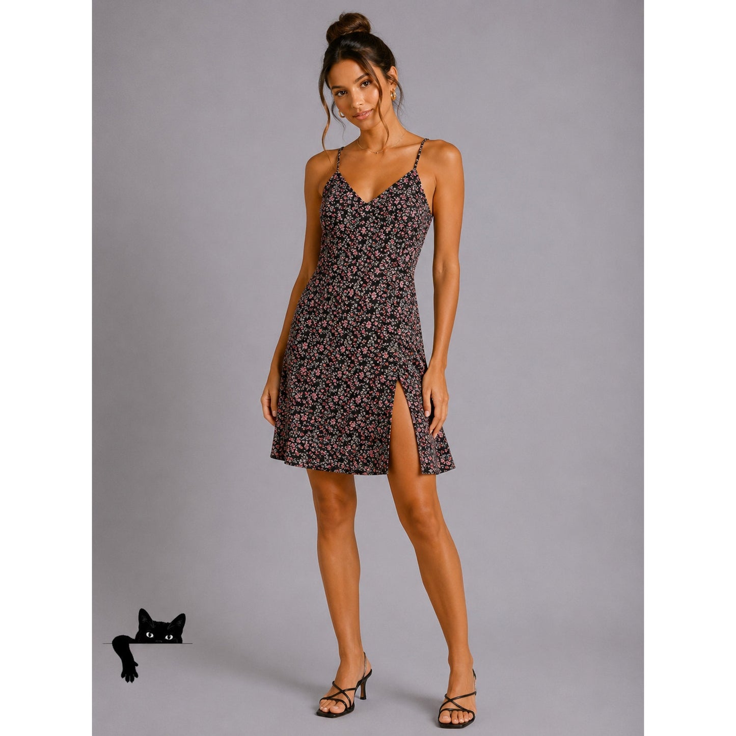Polly Black Pink Blue Floral Print VNeck Spaghetti Strap Side Slit Dress 6