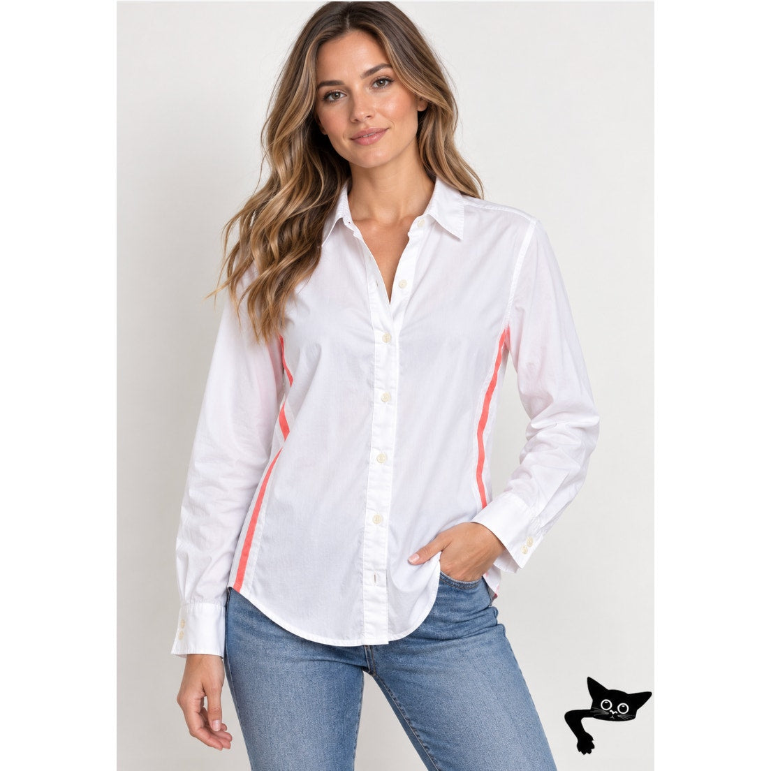 Zara Off White Hot Pink Stitching Button Down Long Sleeve Collared Shirt Large