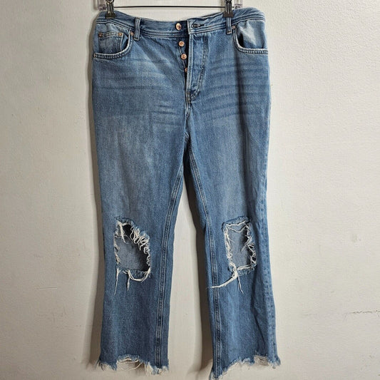 We The Free Medium Blue Wash Button-Fly Distressed Raw Hem Straight Crop Jean 28