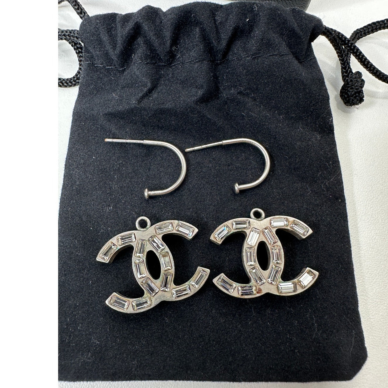 Chanel Baguette Stone Logo Silver Earrings Boucles Oreille Crystal