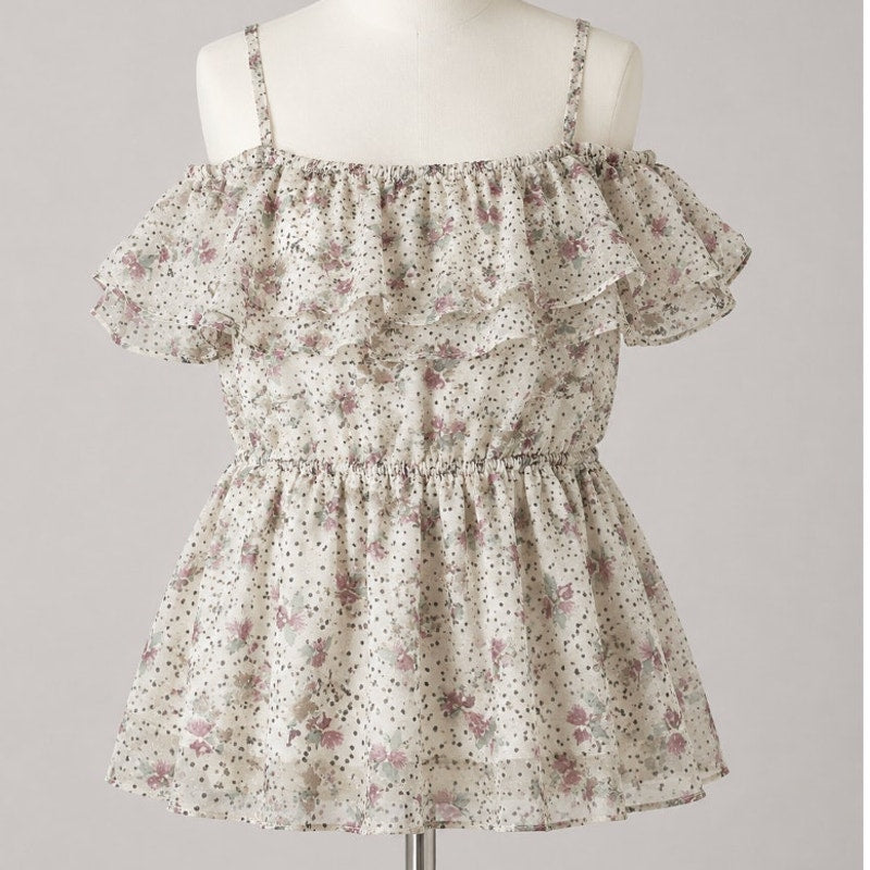 NWT Ella Moss White Purple Gold Metallic Dot Spaghetti Strap Ruffle Top L