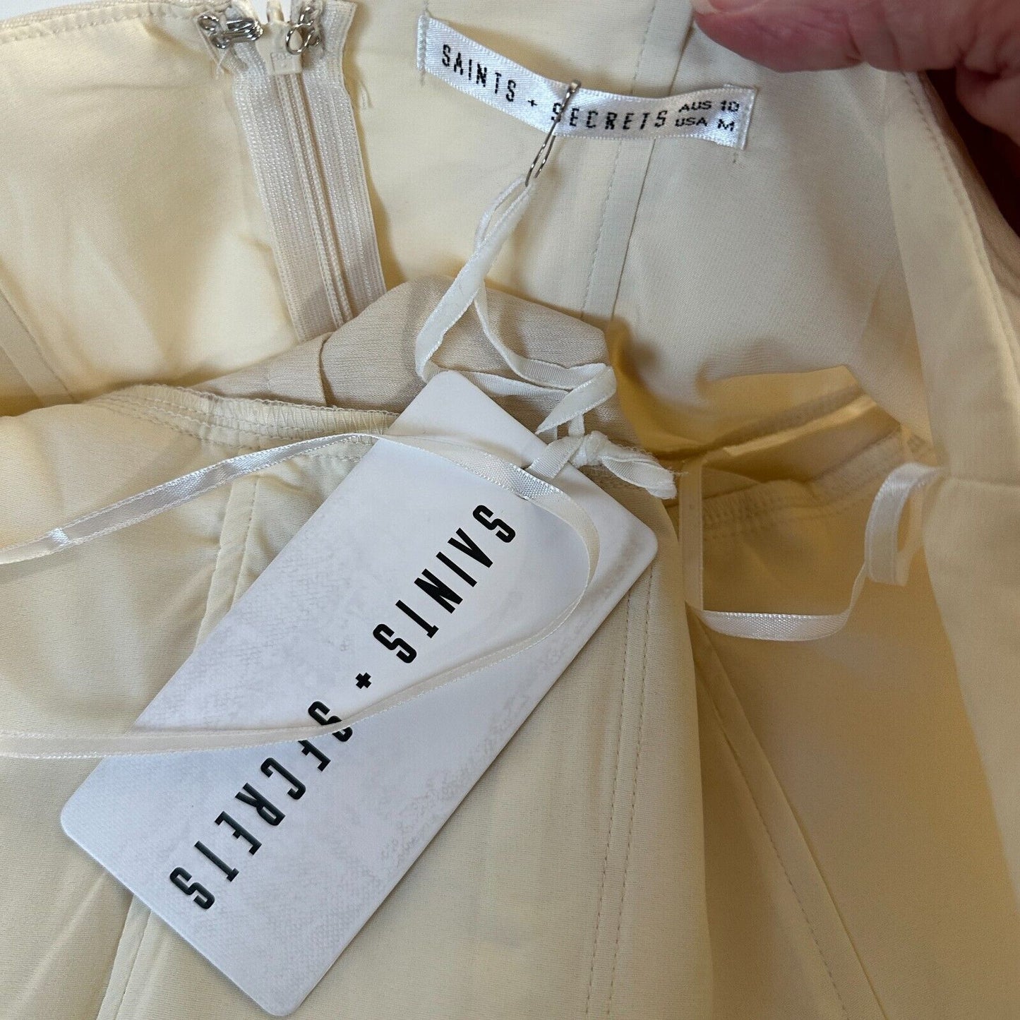 Saints + Secrets Creamy Beige Structured Bodice Tiered Ruffle & Hem Mini Dress M