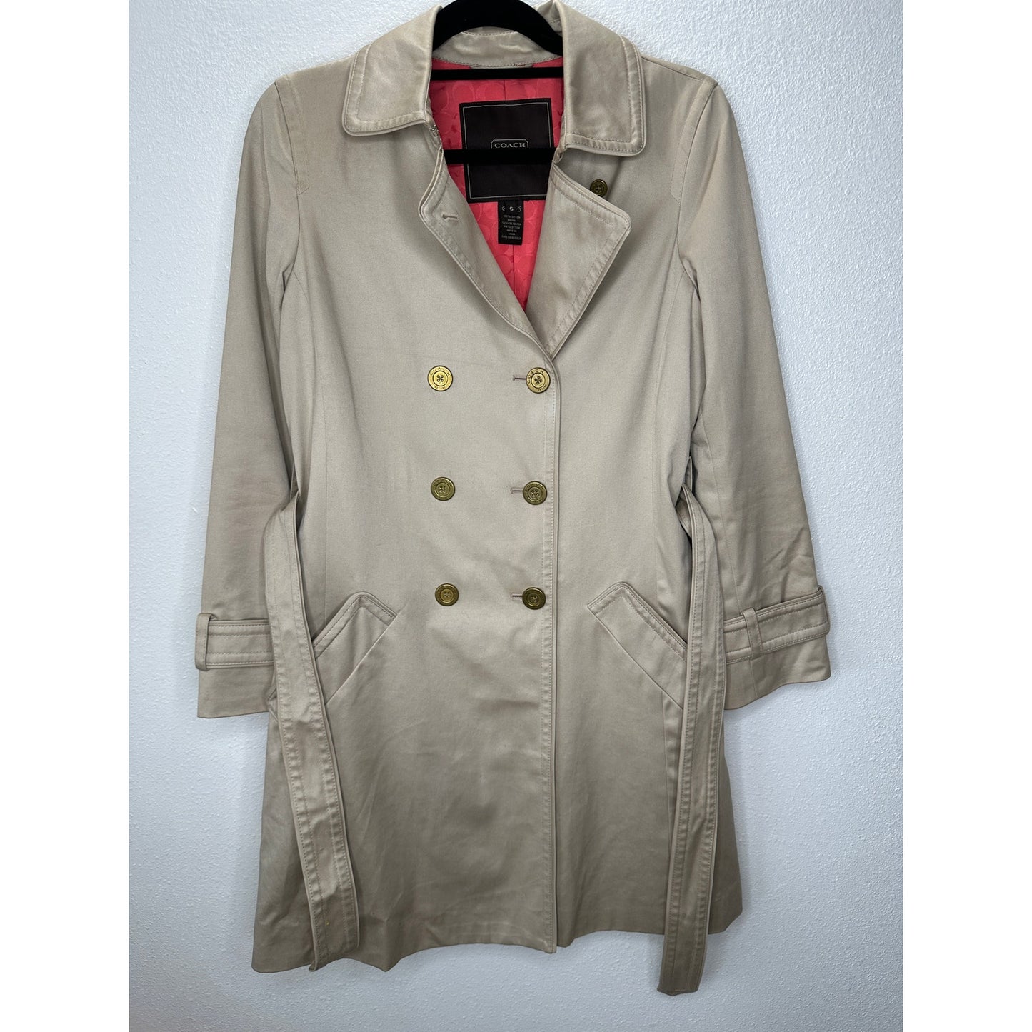 Coach Tan Double Breasted Tie Belt Trench Coat Gold Buttons Small