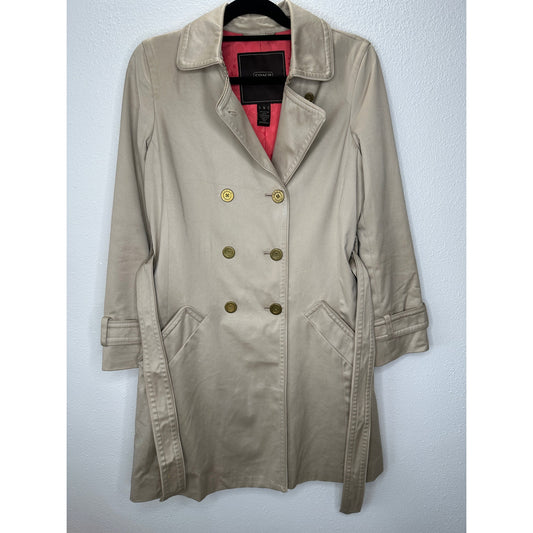 Coach Tan Double Breasted Tie Belt Trench Coat Gold Buttons Small